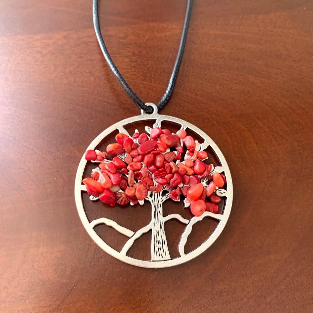 Tree of Life Pendant with Red Gemstone Chips on Black Cord